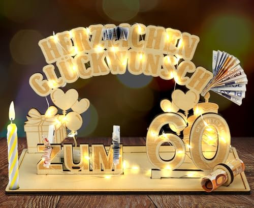 HOTUT Holz Schild Gästebuch, 60 Geburtstag Geschenk Frauen & Männer, Geldgeschenke Geburtstag 60 mit LED Lichterkette Ständer, 60 Geburtstag Jubiläum, Geburtstag Deko, Personalisierbares Geschenk
