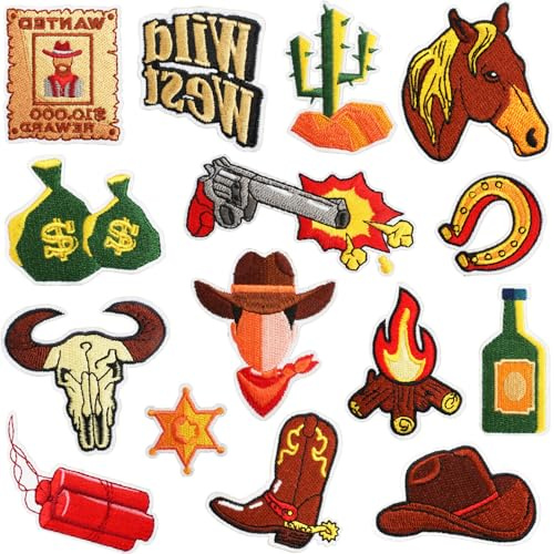 Qpout 15 PCS Western Cowboy Patches zum Aufbügeln Aufbügler, Cowboy Bügelflicken, Flicken zum Aufbügeln für Kleidung Jacken Jeans Kleider Hüte Rucksäcke