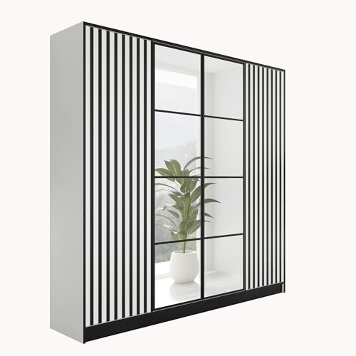KIER FURNITURE Kleiderschrank mit Spiegel - Garderobenschrank mit Push to Open Türöffner - Schrank mit Ausziehbare Kleiderstange - Eden - 206,4x205x39cm - Weiß