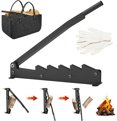 LZQ Wandhalterung Manueller Holzspalter, Karbonstahl Brennholzspalter, Spalter Holz, Wood Splitter mit Antirutsch Handschuhe & Kaminholztasche Filz, Anzündholz Spalten Werkzeug für Campingplatz