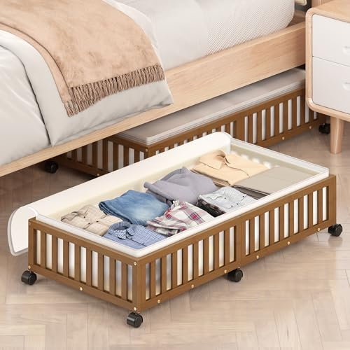 Bambus-Unterbett-Aufbewahrungsbehälter mit Rollen, 2 Stück, groß unter dem Bett, Schuhaufbewahrungsbehälter, Holzschubladen, Organizer für Schlafzimmer, Schrank, Kleidung, Decke, unter dem Kinderbett