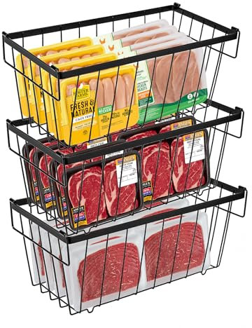 Torchesy 3PCS Organizador Para Congelador,Organizadores Arcon Congelador Caja De Almacenamiento Para Congelador Apilable De Metal Con Asas Y Fondo Antideslizante 37 X 18.5 X 15.5 Cm