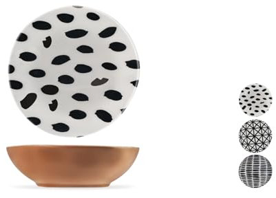 H&H-Avana, set 6 piatti fondi, in porcellana, decorata, stile etnico, piatti black&white, 18 cm, lavabili in lavastoviglie