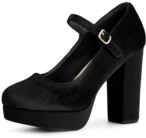 Perphy Velvet Court Shoes Platform Chunky Heels Mary Janes Pumps for Women Black 6 UK/Label Size 8 US