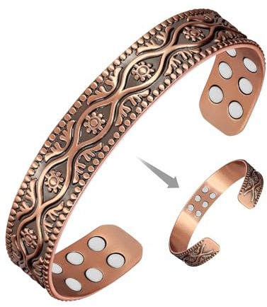 Jeracol Kupferarmband mit 18 ultrastarken Magneten, 99 % massives reines Kupfer, Magnetarmband, verstellbarer Armreif mit Geschenkbox., 17,5 cm, Kupfer