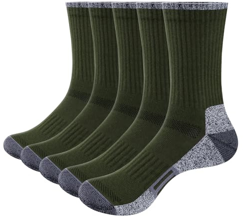YUEDGE Mens Hiking Walking Socks, Terry Cushioned Sports Socks, Breathable Anti-Odor Work Socks, Thick Padded Cotton Casual Athletic Crew Socks, 5 Pairs Multipack