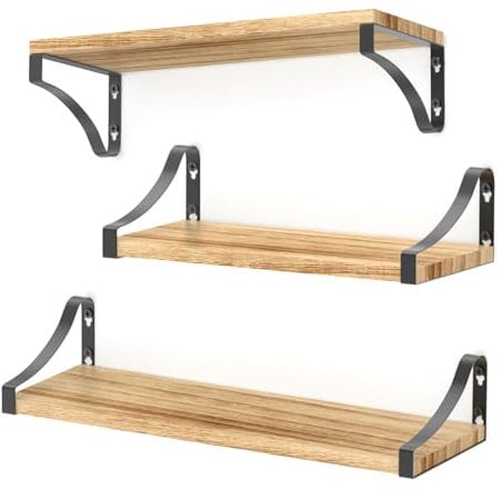 DPWEION Wooden Floating Shelves Set of 3,Wall Mounted Paulownia Wood Shelf for Bathroom/Kitchen/Bedroom/Living Room/Laundry room(Rustic)