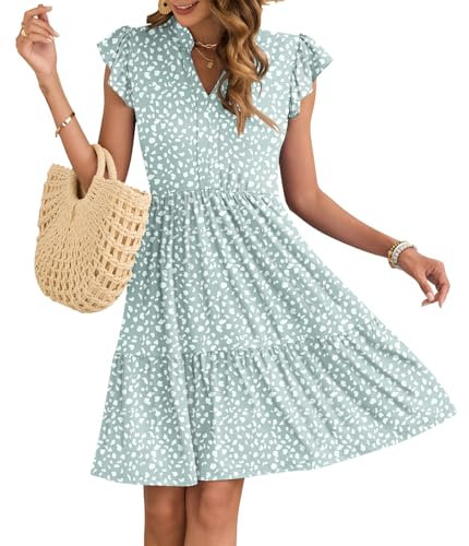 AUSELILY Damen Sommerkleid V-Ausschnitt Kleider Rüschen Ärmel Minikleid Elastische Taille Freizeitkleid mit Taschen Grünes Hufeisen XL
