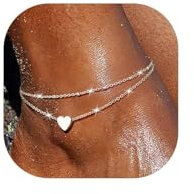 Fußkettchen für Damen Silber 925 Gold Fussketten für Frauen Doppelte Herz Perlen Plättchen Twist Infinity Fußkette Verstellbare Layered Sommer Strand Fußschmuck Geschenk