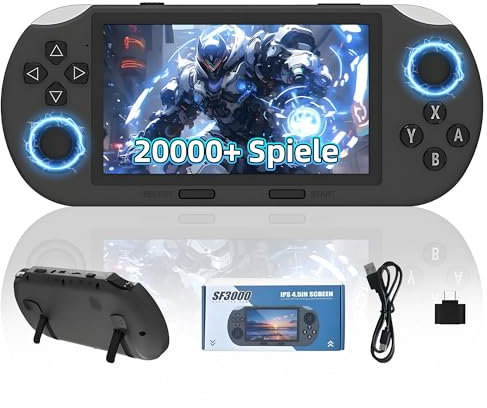 SF3000 Tragbare Retro Spielkonsole, Handheld Videospielkonsole mit 20000+ Retro Spielen, 14+ Emulatoren, 4,5 Zoll IPS HD Bildschirm, 3000mAh Akku, 3D Dual Joystick, Unterstützt TV-Ausgang(64GB, Grau)