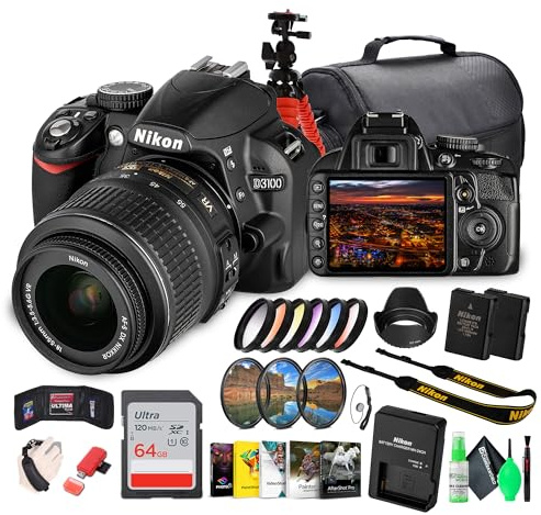 Nikon D3100 DSLR Camera Kit with 18-55mm VR Lens – Beginner-Friendly & Compact (25472) + Photography Software + Camera Bag + 64GB Memory Card + Flexible Tripod + Cleaning Kit + Hand Strap + More