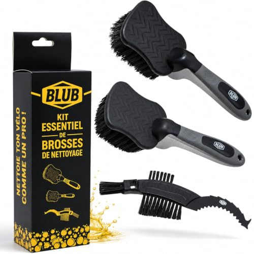 BLUB Kit Nettoyage Velo 3 Brosses, Brosse Chaine et Cassette, VTT Route | Poils Renforces qui ne se Deforment Pas, Manche Ergonomique Antiderapant, Ne Raye Pas, Sans Eau sous Pression, E-Bike