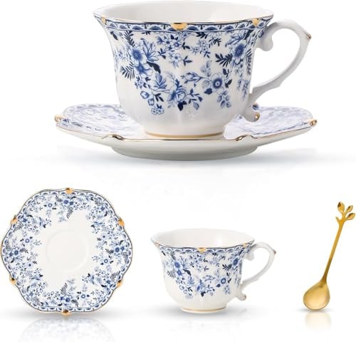 Kaffeetassen mit Untertassen, Rosenporzellan Goldrand Teetassen und Untertassen mit Löffel, Porzellan Cappuccino Tasse set, Mochatassen, Keramik Espressotasse(Blau)