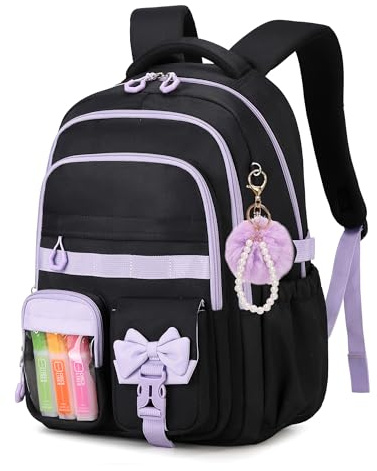 Sisipoet Schulrucksack Mädchen 25L mit Schleife & Reflektoren ab 8 Jahre | Atmungsaktive 3D-Rückenpolsterung, viel Fächer für 15-Zoll-Laptops, süße Schleifen-Dekor, reflektierende Streifen