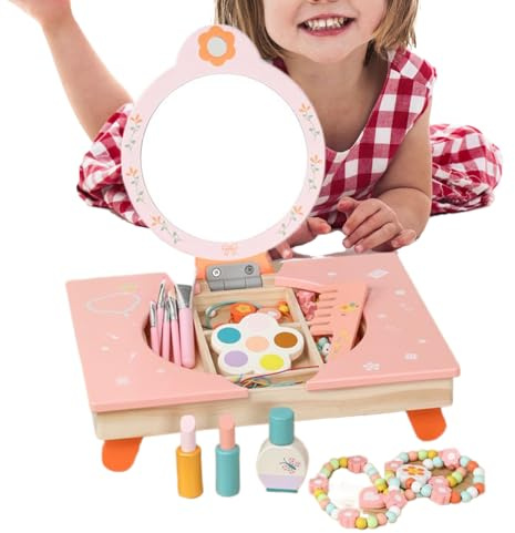 Genérico Schminktisch für Kinder, Schminktisch und Schminktisch aus Holz mit Spiegel, Nachahmungsset für Kinder mit Kamm und Kosmetik, für Geburtstagsspiel