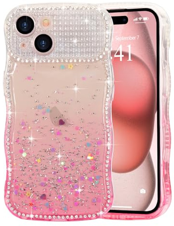 LCHULLE Compatibile con iPhone 15 Cover Glitter Ondulata, Rosa | Custodia con Brillantini, Traslucida Design Forma Ondulata, Decorazione con Scintillante Strass, Silikon Glitter Case