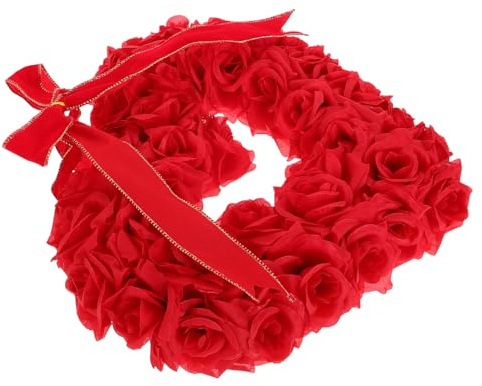 LOORGVEL Rosenherzkranz Valentinstag Girlande 40cm Herzförmiger Dekokranz aus Stoff Rot zum Aufhängen für Hochzeit Haustür Wohnzimmer Feierdeko