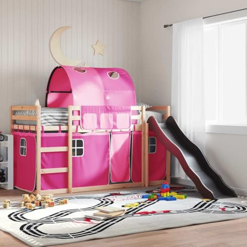 Qnhdfrt Pink Wooden Bunk Bed with Slide & Curtains 90x200 cm Solid Pine Low Loft Frame for Kids Bedroom Playhouse Fun
