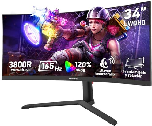 Gawfolk Monitor Curvo para Juegos de 34 Pulgadas y 165 Hz, Pantalla UWQHD | 3440×1440p,3800R curvature,120% sRGB, 1 ms, Adaptive Sync, DisplayPort 1.4/HDMI 2.0, soporte ajustable en altura,Negro