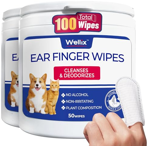 Wellix Cat & Dog Ear Cleaner - Dog Cleaning Finger Wipes - 100 Wipes | Ear Wipes for Dogs & Cats. with Pure Chamomile Honeysuckle. Natural Treatment for Itch Relief and Ear Infections