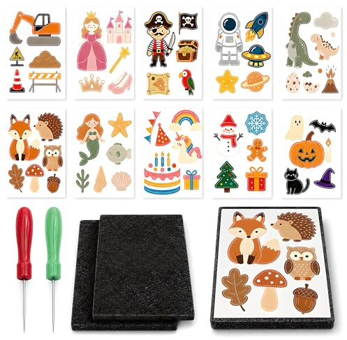 Gemejutor Set Prickelnadel Bambini con 10 Modelli, 2 Aghi Ergonomici con Manico in Legno + 2 Feltro, Kit Creativo Sicuro per Bambini (20x15x0,8cm)