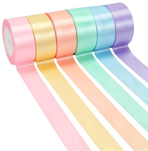 132m Satinband Bunt, Geschenkband Breit - 40mm × 22m, 6 Pastell Seidenband, Schleifenband Breit, Seidenbänder Bunt für Geschenkverpackungen Hochzeit Basteln DIY Deko