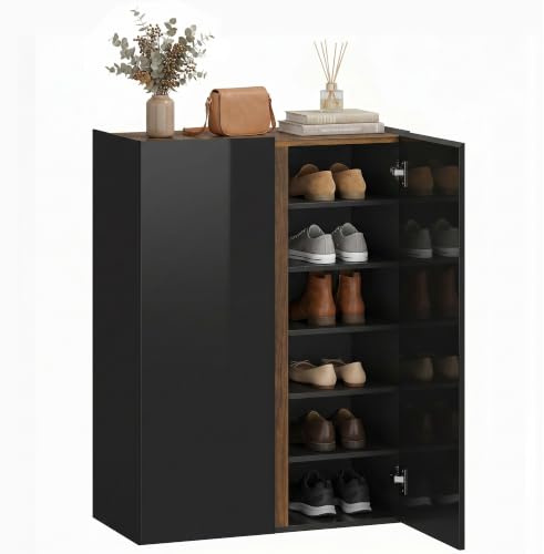 HOMCOM Schuhschrank mit 2 Hochglanz Türen 18 Paar 70x33,5x95 cm, Schwarz | Schuhregal, Schuhkommode, 6 Verstellbaren Fächern, Schuhaufbewahrung, Soft-Close-Funktion