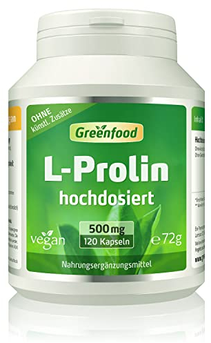 L-Prolin, hochdosiert, 450mg - 120 Kapseln, vegan. Reine Aminosäure – gewonnen durch natürliche Fermentation. OHNE künstliche Zusätze - laborgeprüft. Von Greenfood.