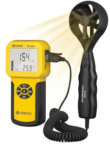 Anemometro Digitale HOLDPEAK 826A per Misuratore di Velocità/Temperatura del Vento Portatile, Anemometro Digitale Palmare per Max/Min/AVG, per Riprese,HVAC,Drone Flying