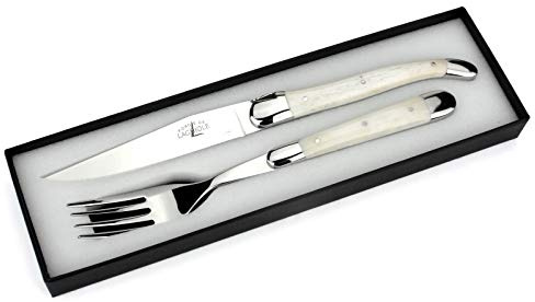 Forge de Laguiole - Steakbesteck - Griff Knochen - Besteck Frankreich - Steakmesser und Gabel - Stahl hochglanz
