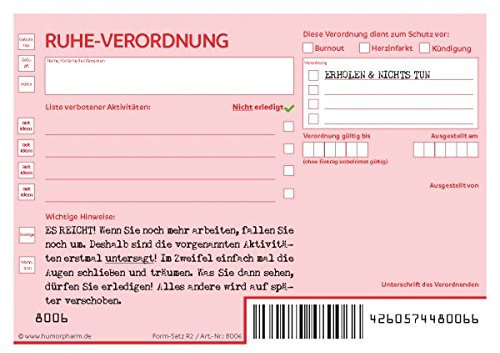 Ruhe Verordnung als Rezeptblock A6, 25 Blatt, 80 g/m²