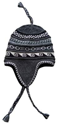 Alpacaandmore Unisex Chullo Mütze Strickmütze Alpakawolle dick gestrickt grau mit Vlies gefüttert Inka Muster Einheitsgröße