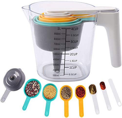 PopHMN Set de Tazas y cucharas medidoras, Tazas de medir Taza medidora de 1000 ml con 1 embudo y 6 cucharas medidoras para hornear en la cocina