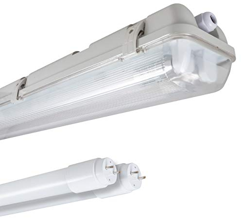 Proventa Feuchtraumleuchte mit 2 LED-Röhren 60 cm, 15 W, 2.200 Lumen, 4.000 K, IP65, 50.000h, IK08, Kunststoff grau, Flackerfrei