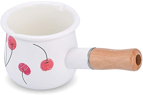 Emaillemilch Pfanne, Mini -Butter -Hitze 4 Zoll 17 Unzen Email Topf kleines Kochgeschirr mit Holzgriff, perfekte Größe, um kleinere flüssige Portionen zu erhitzen (Kirsche)