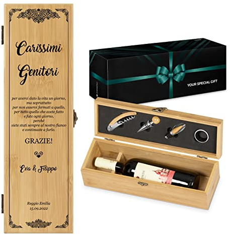 Maverton Cassetta Porta Vino Amore con Accessori - Kit Cavatappi da Vino Personalizzato - Scatola in Legno di bambù + 4 Pezzi di Accessori Vino - Idee Regalo per Anniversario - Ringraziamento