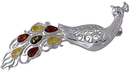 Sterling Silver and Baltic Multicolored Amber Peacock Brooch