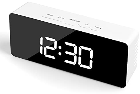 Dveda Digital Bedside Snooze Time Temperature Function, Adjustable Brightness Mirror Surface Led Display Alarm Clock for Home, Office(USB or Battery Powered) White, Standard