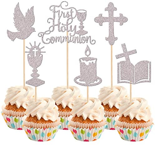 Xsstarmi 36 PCS First Holy Communion Cupcake Toppers Glitter God Bless Dove Cross Cupcake Picks First Communion Cake Decorations for God Christian Baptism Theme Baby Shower Birthday Party Silver