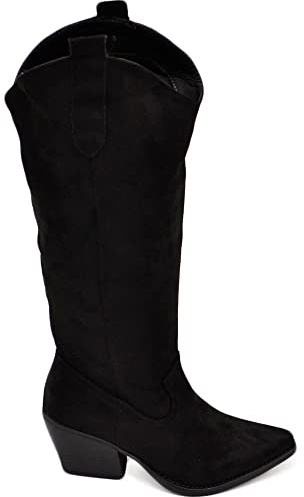Malu Shoes Stivali donna camperos texani stile western nero liscio su pelle scamosciata tinta unita altezza polpaccio (37 EU)