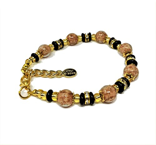 Sospiri Venezia Bracelet Femme composé de 7 Perles en Verre Diamètre 8 mm Bracelet en Verre de Murano Original Bijou Idée Cadeau Made In Italy Certifié, Beige-Noir