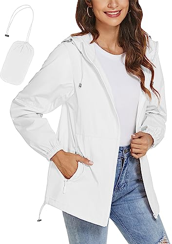 iWoo Summer Coats For Women Uk Waterproof Jackets Lightweight Packaway Raincoat Foldaway Hooded Rain Coats White M