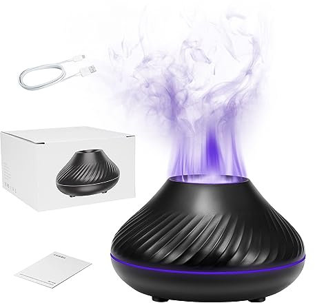 Flame Diffuser Aromatherapy Essential Oil Diffuser & Humidifier 130ml Ultrasonic USB, Ultra-Quiet Auto Shut-Off with 7-Color LED Flame Effect Night Light for Bedroom Office Home (Black)