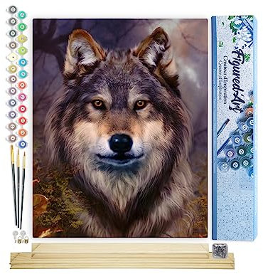 Figured'Art Peinture par Numéro Adulte Tête de Loup - Activité Manuelle Kit de Loisir Créatif DIY Numéro d'Art Complet - 40x50cm avec châssis en bois à monter