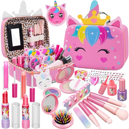Kinderschminke Set Schminkkoffer Mädchen, Waschbar Schminke mit Einhorn Tasche, Kinder Mädchen Make Up Set Mädchen Spielzeug, Weihnachts Geburtstags Geschenke für Mädchen 3 4 5 6 7 8 9 10-12 Jahre
