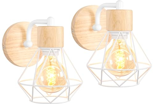 TOKIUS 2 Stücke Wandleuchten 16CM Wandlampe Innen im Industrial Design E27 Vintage Lampe aus Holz und Eisen Käfig Lampenschirm Retro Wandleuchten für Flur Wohnzimmer Schlafzimmer (Weiß)