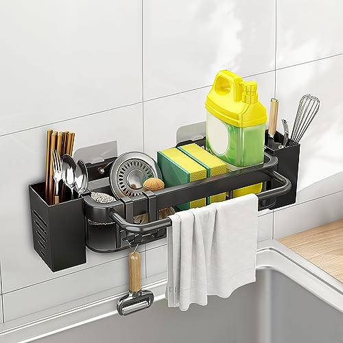 Kitchen Sink Organiser Wall Mounted, Kitchen Sink Caddy Sponge Holder with Chopstick Holder and Towel Rack, Stainless Steel Sink Organiser for Kitchen Accessories (Style A)