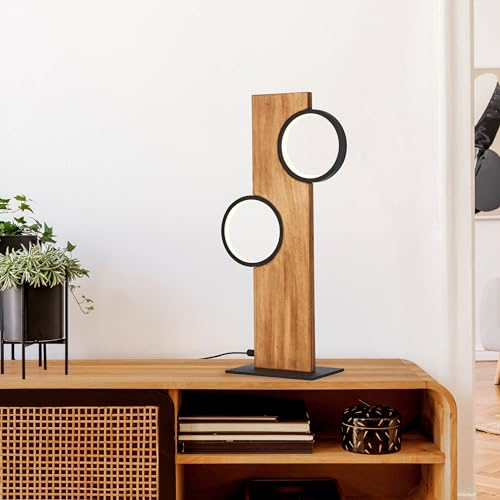Lightbox Nature Tischlampe - 50 x 25 x 12 cm - moderne Tischleuchte mit Holz Balken & LED Kreise & Schalter - 12 W, 1300 lm, 3000 K - aus Metall/Holz - in Matt Schwarz/Braun
