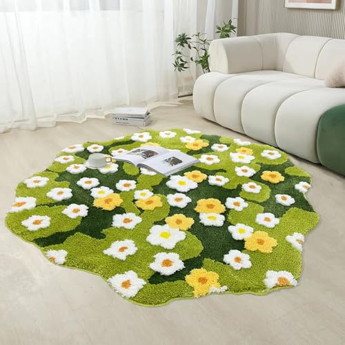 Taikoory Nachttisch-Moos-Teppich, rutschfest, getuftet, unregelmäßig geformt, kleiner grüner Badezimmerteppich für Schlafzimmer, ästhetisch, 104,9 x 100,1 cm