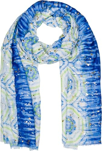 styleBREAKER Damen Schal Batik Muster mit Metallic Streifen, Leichtes Boho Style Tuch mit kurzen Fransen 01016230, Farbe:Blau-Grün